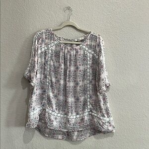 Ann Taylor LOFT Pink Gray Floral Tile Ruffle Cuff Blouse Top Shirt Sz XL Vacay